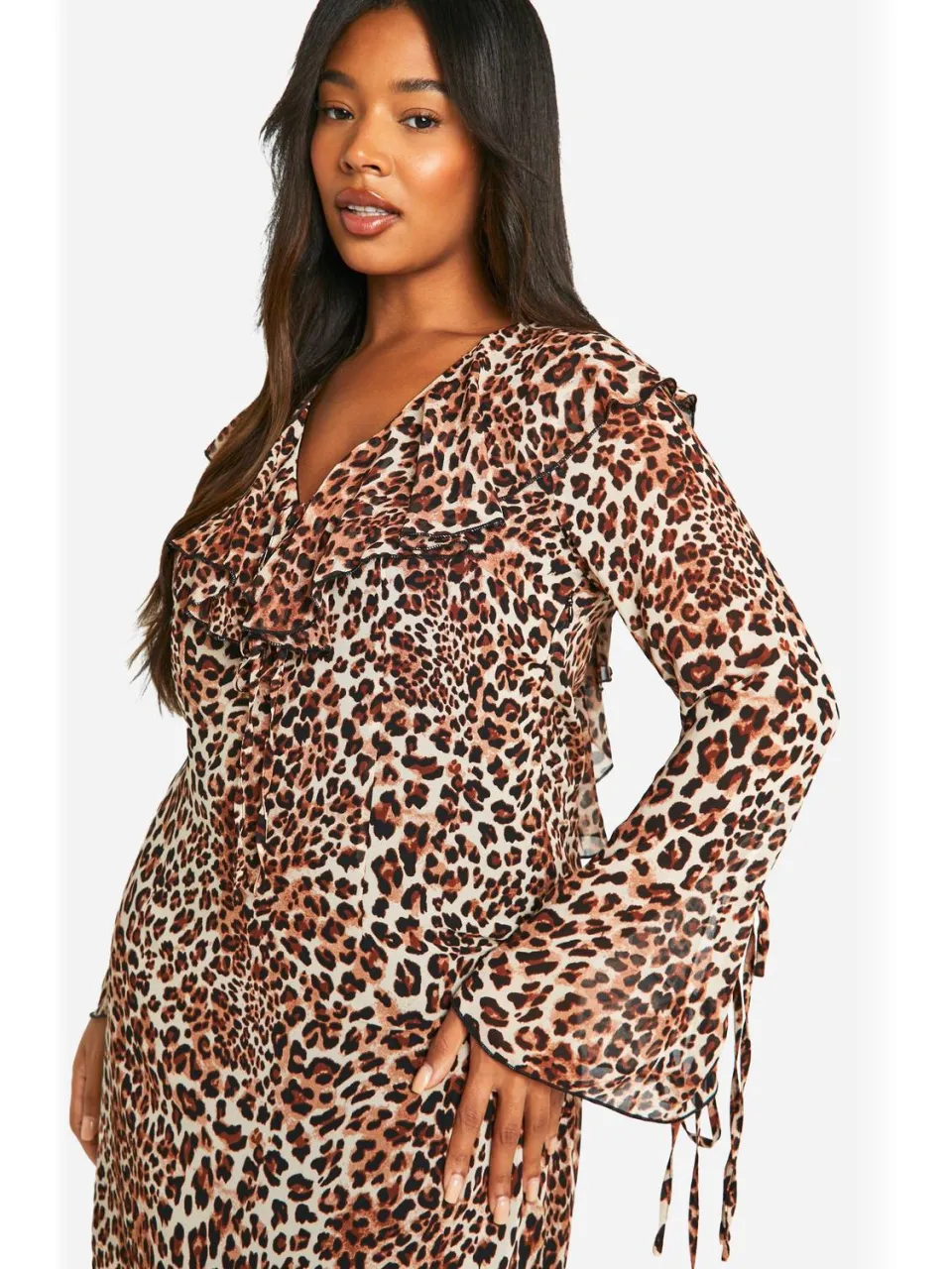 boohoo Dames Plus Woven Leopard Ruffle Shift Jurk luipaardprint, foto 3