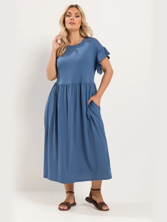 Yours Midaxi Jurk Van Katoen Met Zakken En Ruchemouwen In Blauw Blue