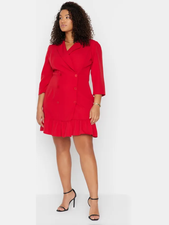 Trendyol Curve Dames Rood Effen Kort / Mini Driekwart mouw Casual Blazer Jurk Grote maten Jurk