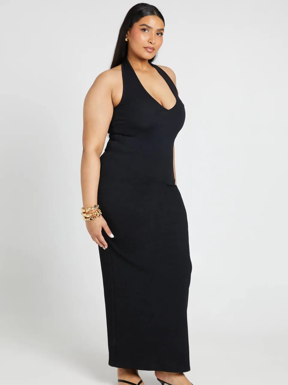 boohoo Dames Plus Geribbelde Halter Maxi Jurk zwart, foto 3