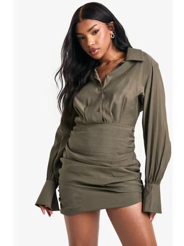 boohoo Dames Shirtdress met geraffleerde details olijf, foto 2