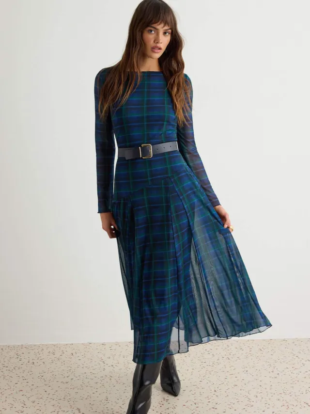 Trendyol TRENDYOLMİLLA Dames Donkerblauw Geruit Maxi Lang Skater Jurken Marineblauw/Blauw