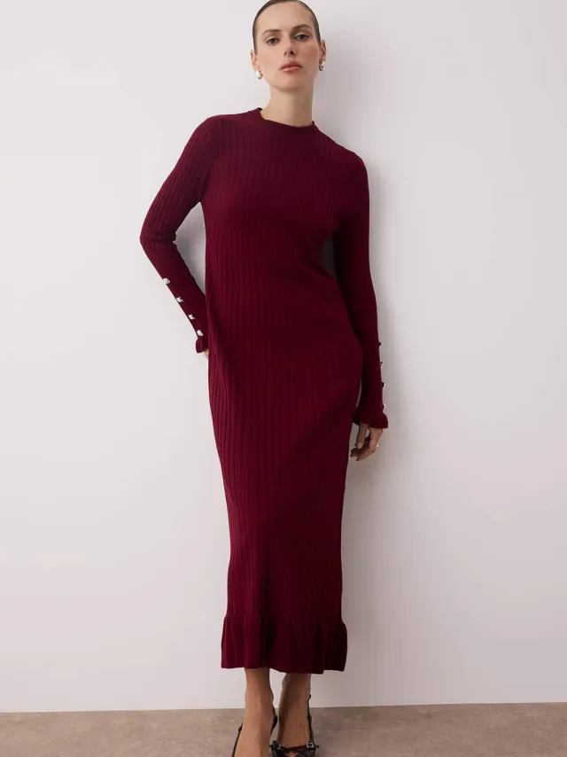 Trendyol Modest Dames Bordeaux Effen Maxi Lang Casual A-lijn Modest Jurken Bordeauxrood