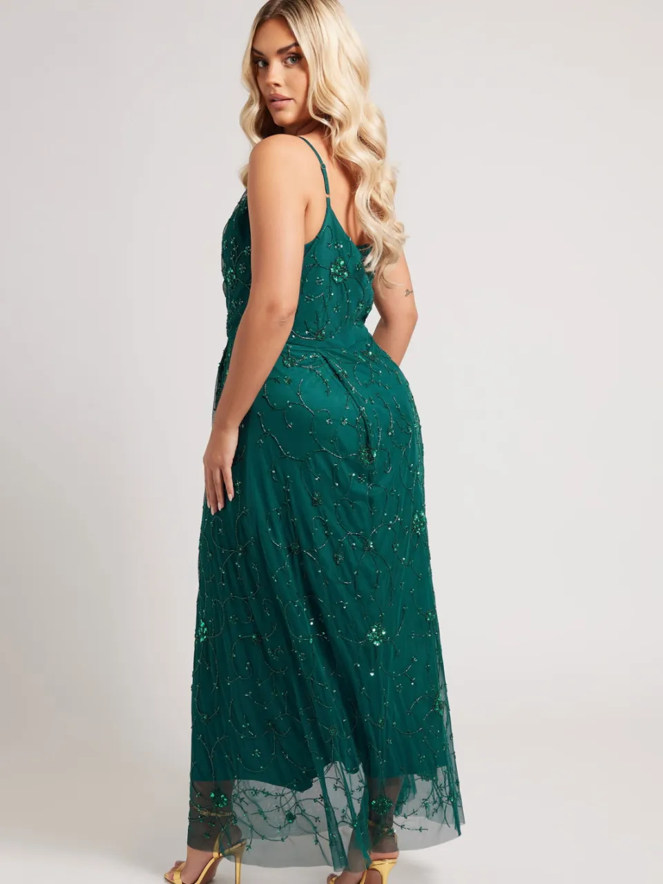 Luxe: Ultimate Embellishment Luxe Smaragdgroene Handversierde Maxijurk Met Bloemenmotiefsize 42 groen, foto 3