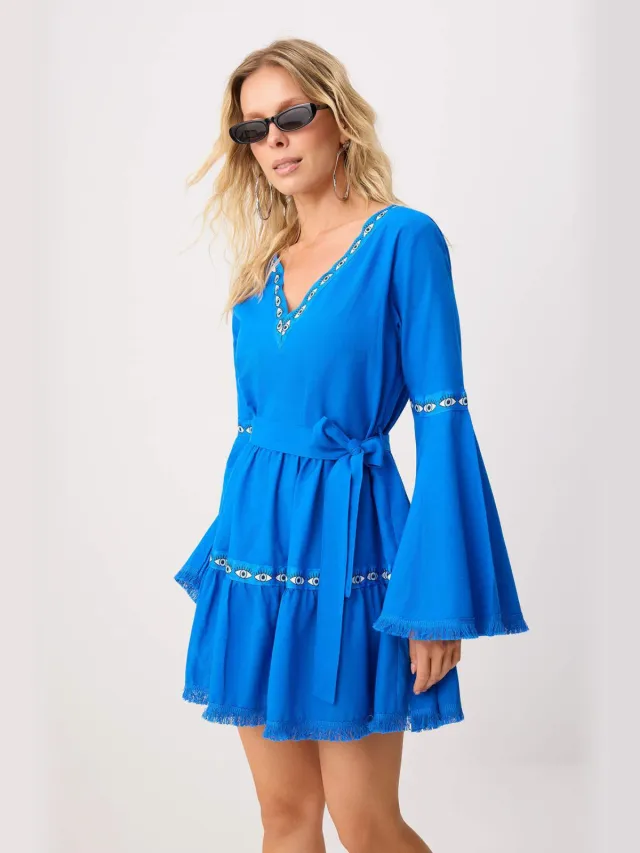 Trendyol TRENDYOLMİLLA Dames Blauw Effen Extra Kort / Super Mini Lang Strandkleding Skater Strandjurken Kobaltblauw