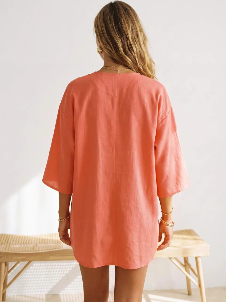 Trendyol TRENDYOLMİLLA Dames Roze Effen Kort / Mini Driekwart mouw Strandkleding Recht Jurken, foto 2