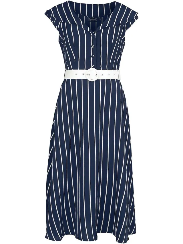 Voodoo Vixen Stripe Wide Collar Midi Flare Dames Midi-jurk - blauw/wit blauw;wit