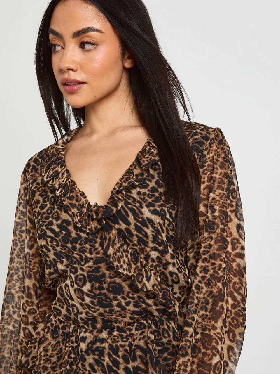 boohoo Dames Chiffon Mini Jurk met Ruffle Details en Luipaardprint, foto 4