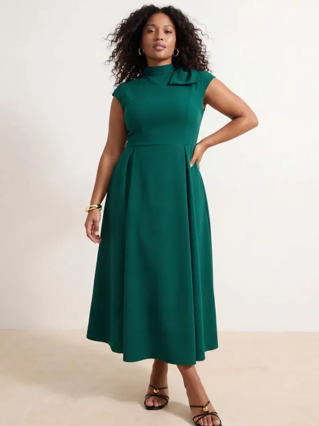 Trendyol Curve Dames Groen Effen Midi Kort Feest Skater Grote maten Jurk