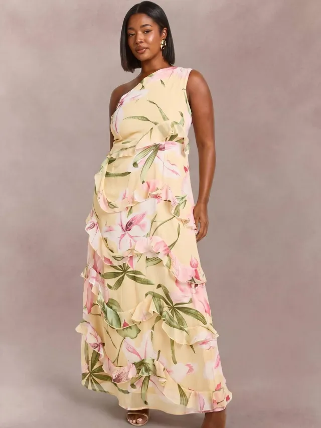boohoo Dames Plus Bloemen Chiffon Asymmetrische Maxi Jurk Citroen