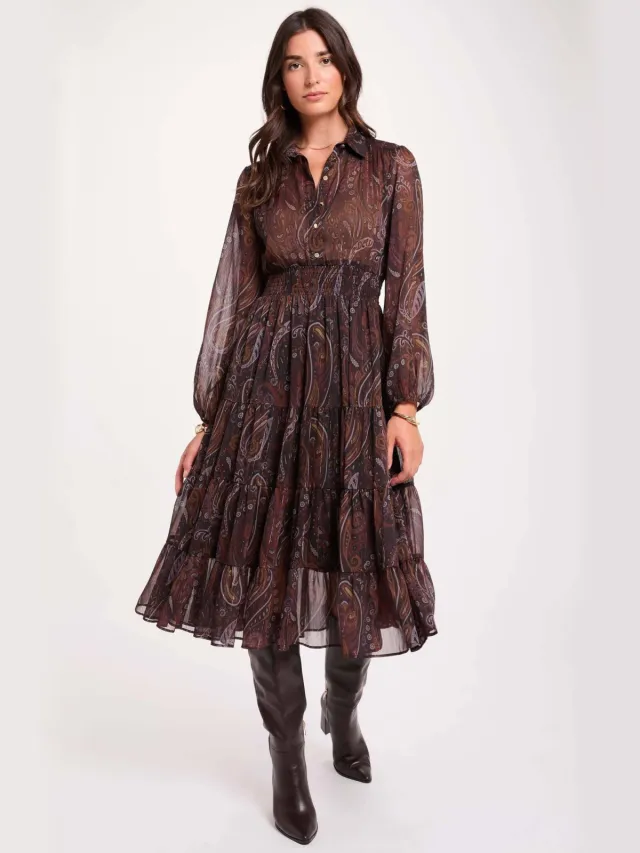 Morgan semi-transparante bohemian midi jurk met ruches en paisley - bruin