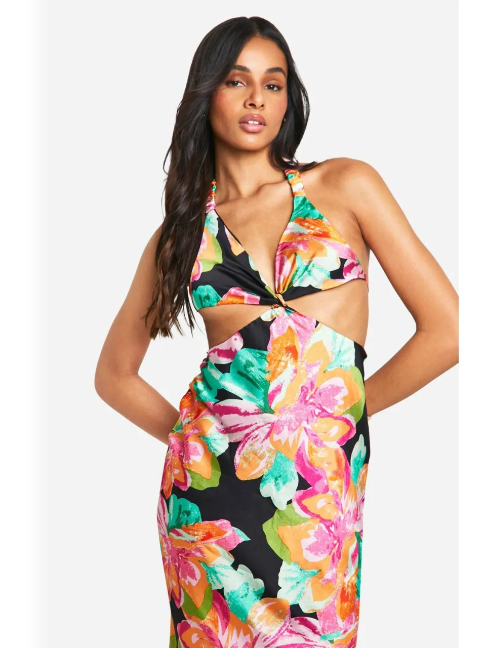 boohoo Dames Lange Chiffon Jacquard Maxi Jurk met Bloemenprint en Uitsnede zwart, foto 2