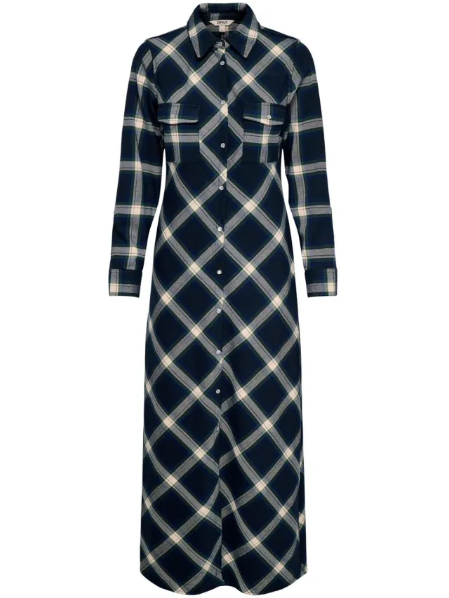 Only ONLWREN CHECK L/S LONG SHIRT DRESS WVN - Dames - Maxi jurken Night Sky