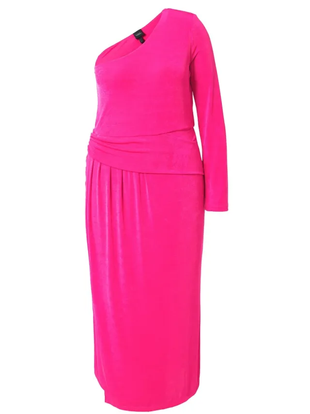 Ulla Popken Dames - Maxi-jurk off-shoulder wikkellook mouwloos/lange mouw - Roze