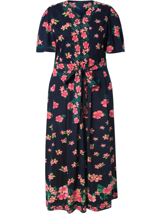 Ulla Popken Dames - Maxi-jurk bloemen V-hals korte mouwen - Marine - Maat 58+