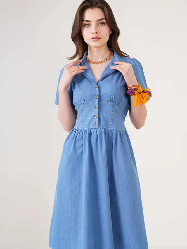 Big Dart Denim Midi-jurk met Shirtkraag en Knopenluiting, foto 2