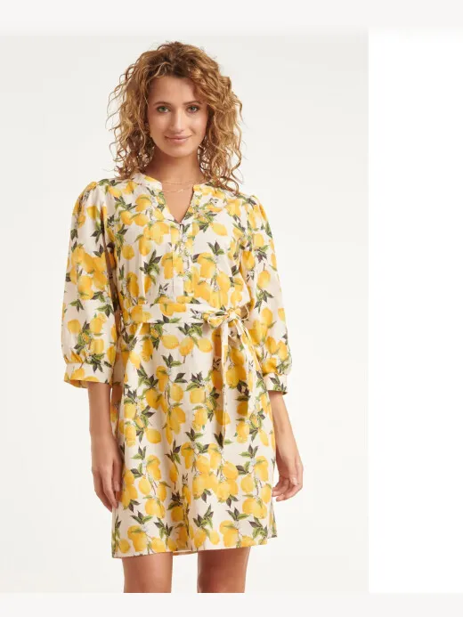 Smashed Lemon Jurk met citroenprint in geel en groen met ceintuur Wit