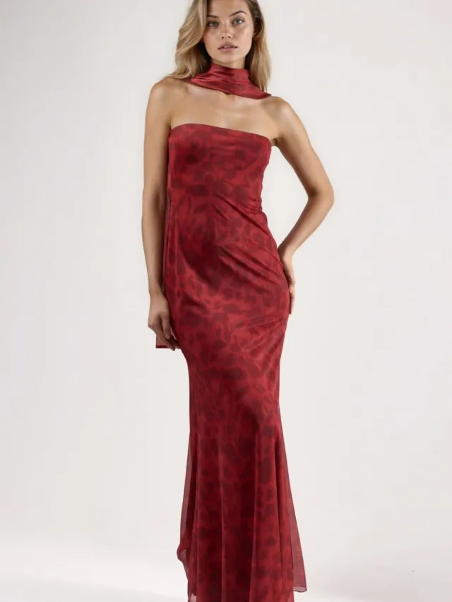 Hiccup Strapless Bloemen Bodycon Maxi Jurk Rood