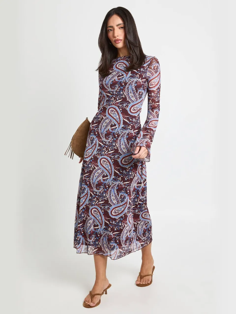 boohoo Dames Toonkleurige Paisley Print Fit & Flare Mesh Midaxi Jurk chocoladebruin, foto 2