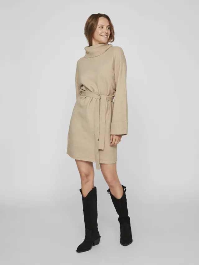 Vila Gebreide jurk Knoopriem in de taille Natural Melange