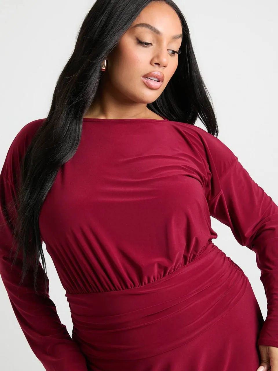 boohoo Dames Plus lange mouwen gerafeld zijpaneel taille skaterjurk bessen, foto 4