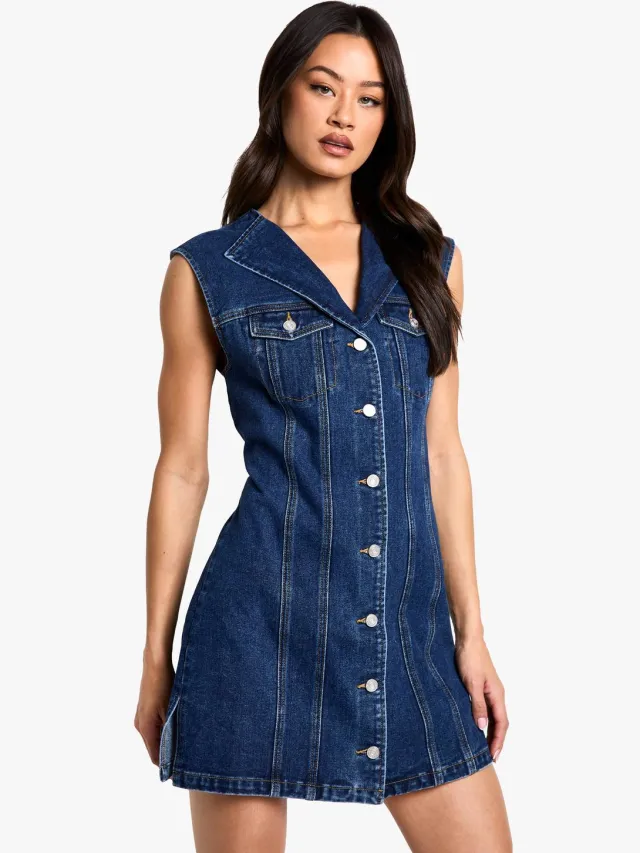 boohoo Dames Lange mouwloze nauwsluitende denim mini jurk Blauw