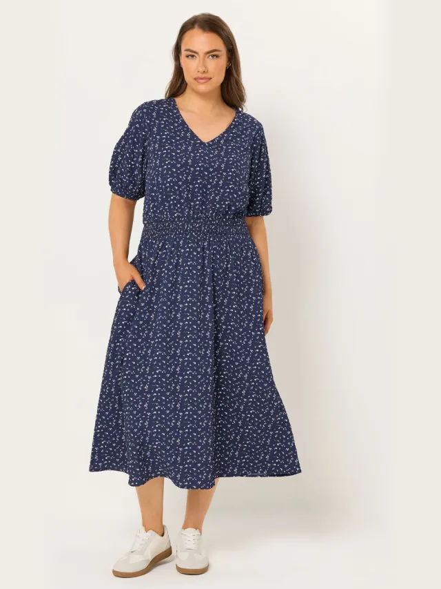 Yours Marineblauwe Smockjurk Met Fijne Bloemenprint-64 Blue