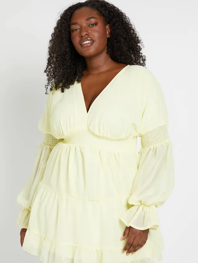 boohoo Dames Plus V-hals Blouson Mouw Volume Smock Jurk Citroen