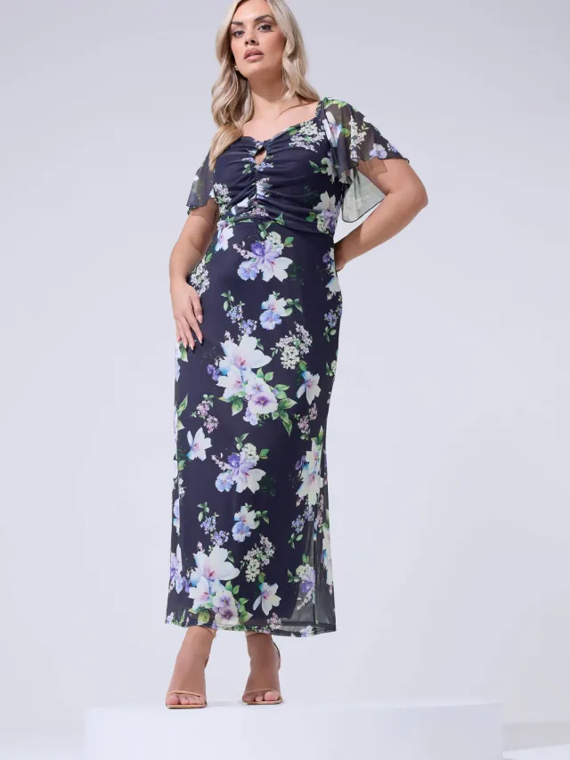 Yours London Marineblauwe Maxijurk Met Bloemenprint En Sleutelgatdetail-56 Blue