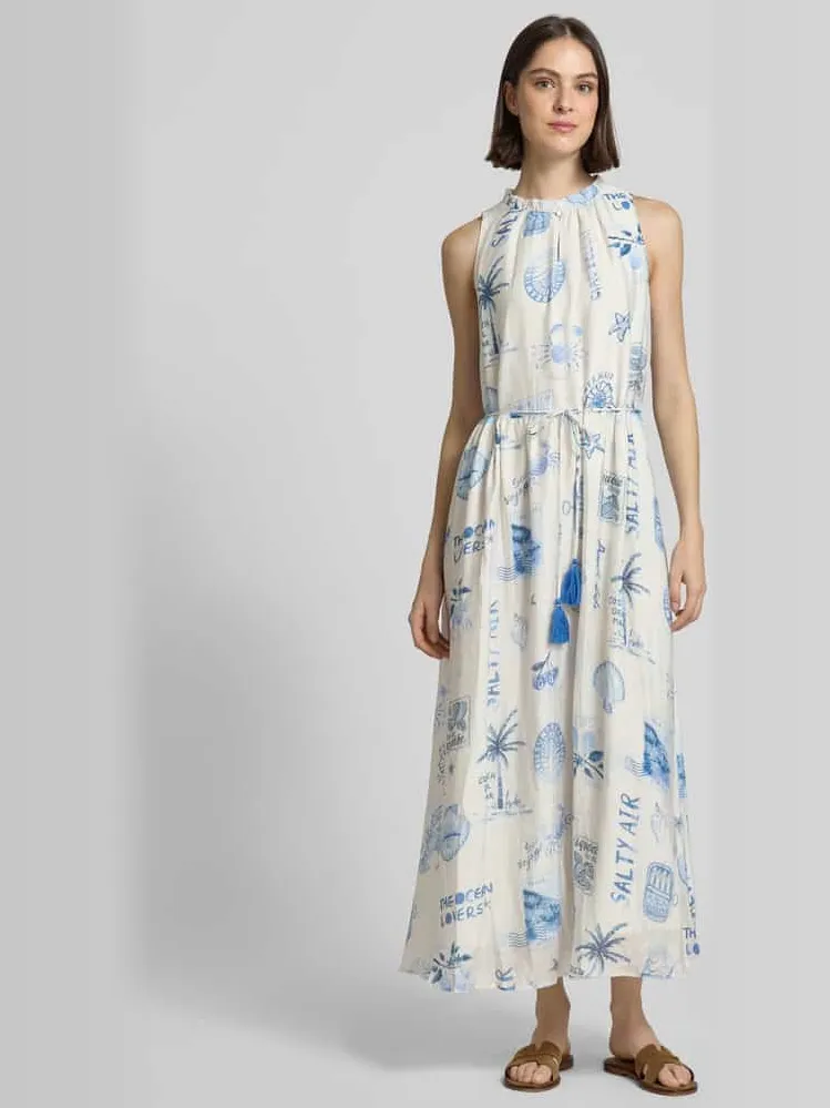 Oui maxi-jurk met strikceintuur en druppelvormige hals Wit