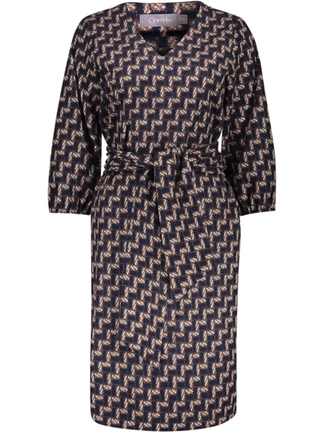 Geisha Jurk Jurk Met Geometrische Print En Afneembaar Sjaaltje 67557 20 000675 Navy/sand Dames Maat Blauw