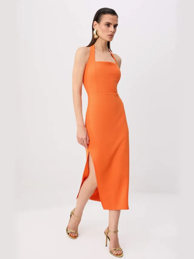 Trendyol TRENDYOLMİLLA Dames Oranje Effen Midi Mouwloos Stijlvol/Avond Bodycon Jurken
