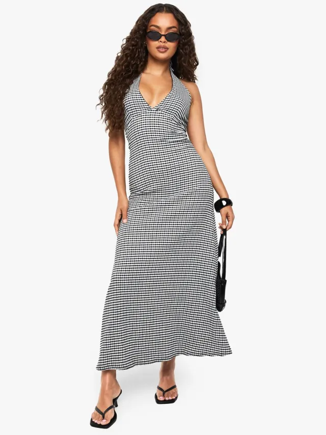 boohoo Dames Textured Gingham Midaxi Jurk Zwart