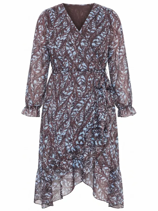 MIAMODA Dames - Chiffon midi-jurk wikkelook A-lijn all-overprint - Hazelnootbruin