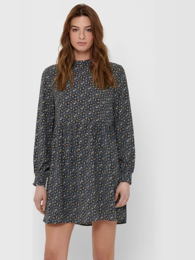 JDY Vrouwen Lange Mouw Jurk Bloemenprint Mini Ruche Kleding Hooggesloten Dijlengte JDYPIPER Black