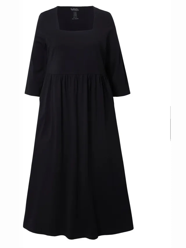 Ulla Popken Dames - Jersey jurk A-lijn carréhals 3/4-mouw - Zwart - Maat 62+