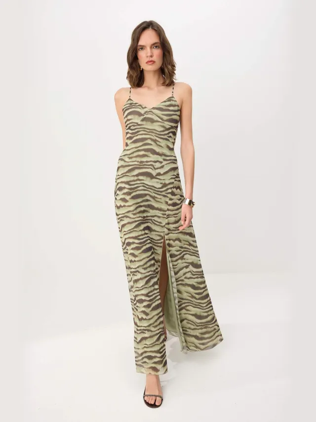 Trendyol TRENDYOLMİLLA Dames Groen Dierenprint Maxi Mouwloos Recht Avond & Gala Jurk