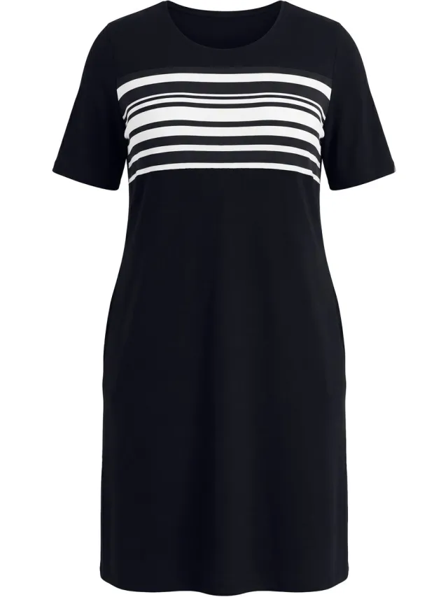 Ulla Popken Dames - Jersey jurk gestreepte inzet ronde hals korte mouwen - Zwart - Maat 42+