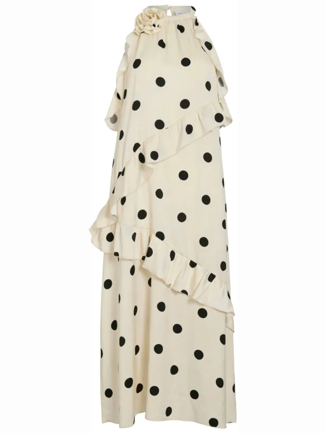Vila halter midi jurk met stippen en ruches - ecru ecru / zwart