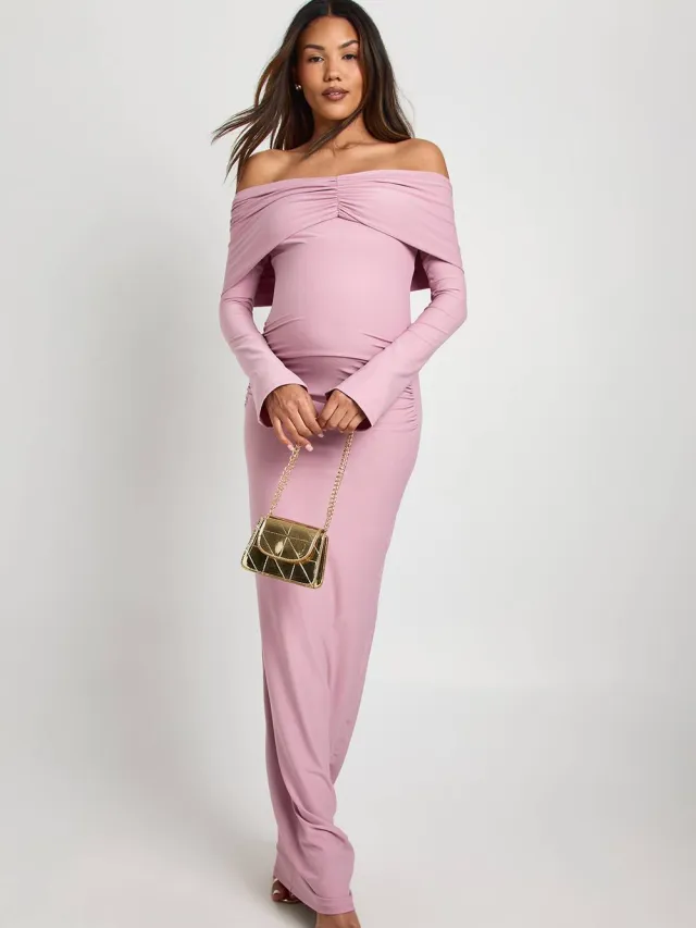 boohoo Dames Zwangerschaps Bardot geruched uitlopende mouw maxijurk Mauve