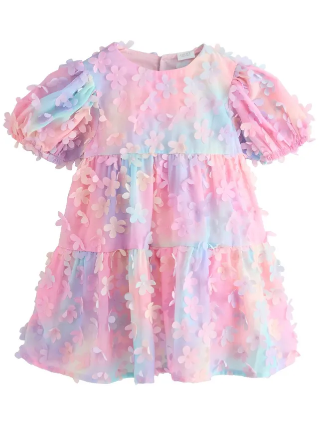 Next Meisjes - Jurk met korte mouwen en 3D-bloemenprint - Roze Rainbow
