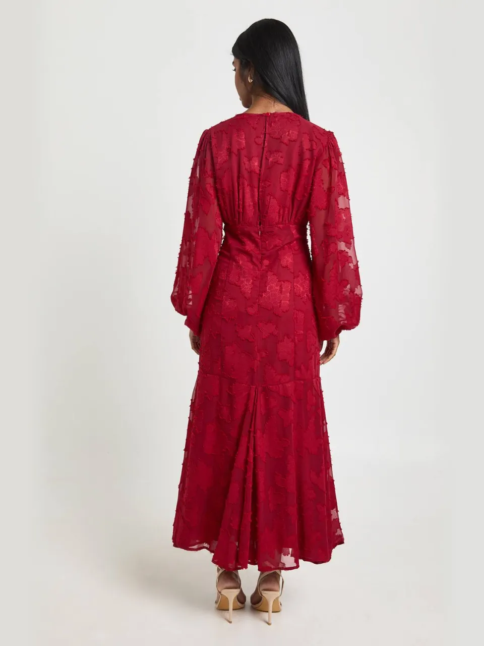 boohoo Dames Burnout Bloemenprint Wijdmouwige Midaxi Jurk merlot, foto 2