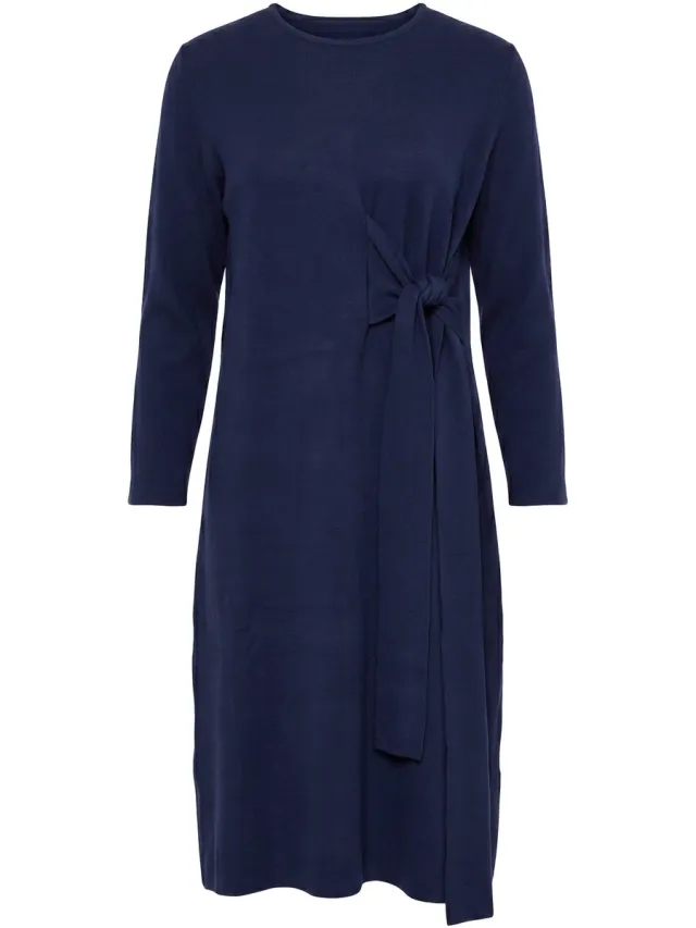 Ulla Popken Dames - Gebreide maxi- jurk sierlijke strik ronde hals - Marine - Maat 50+