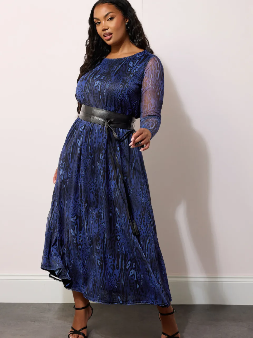 Yours London Mesh Maxijurk Met Dierenprint En Riem In Donkerblauw zwart, foto 2