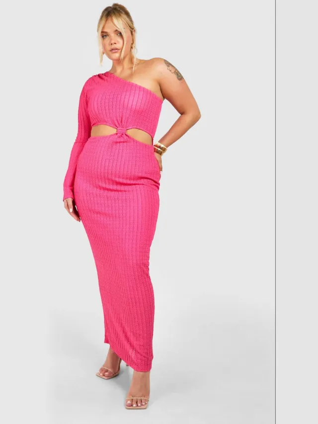 boohoo Dames Plus Textured Cut Out One Shoulder Maxi Jurk Felroze