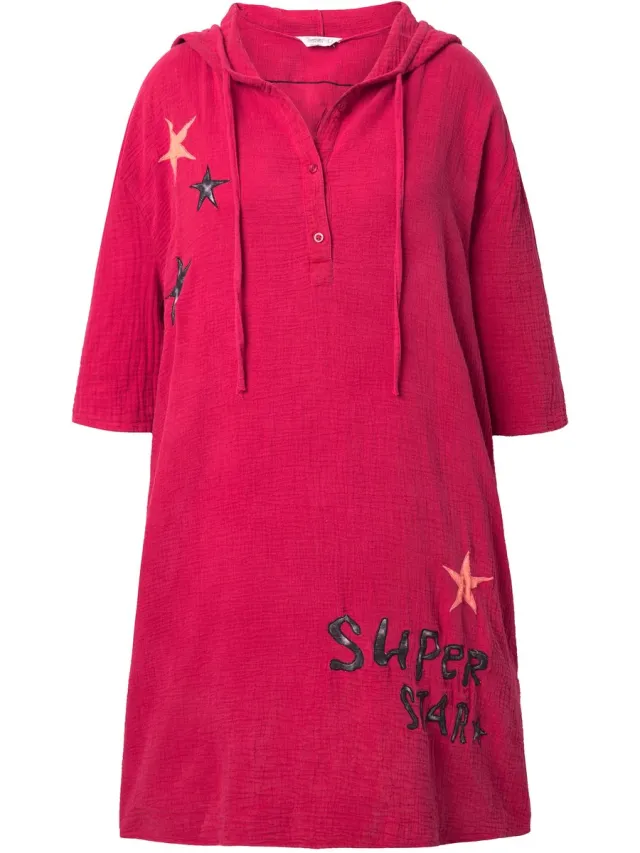 Angel of Style Dames - Mousseline jurk oversized sterren capuchon - Fluweelrood - Maat 42+