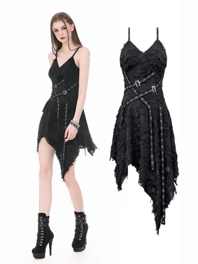 Dark In Love PostApocalyptic with Shredded Texture and Metallic Buckle Harness Korte jurk - L - Zwart