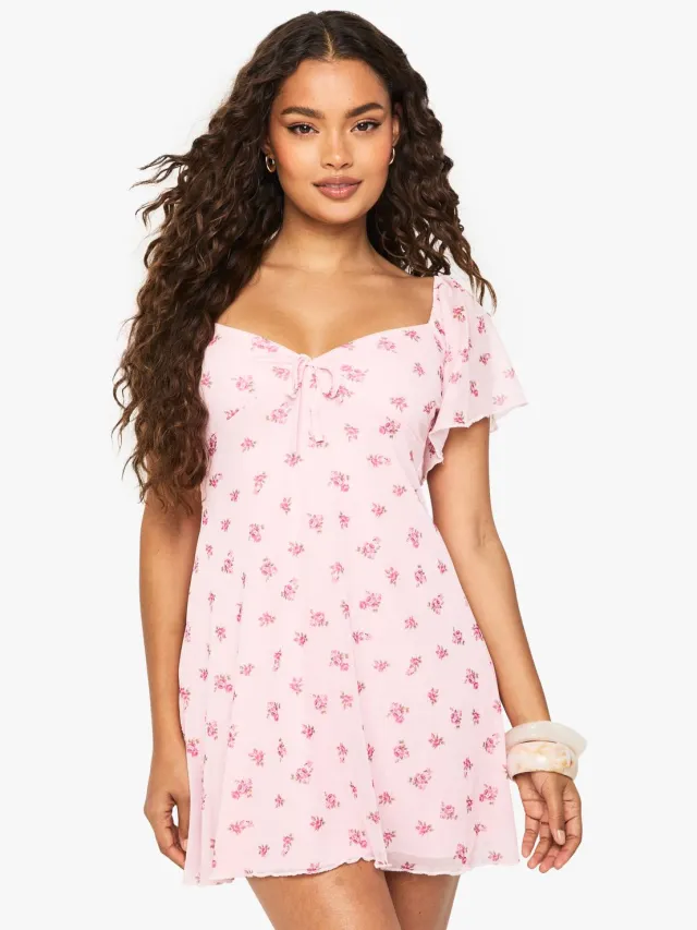 boohoo Dames Ditsy Floral Mesh Mini-jurk met Engelachtige Mouwen en Strik aan de Voorkant Lichtroze
