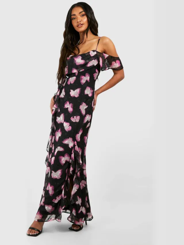 boohoo Dames Bedrukte maxi-slipjurk met gedrapeerde mouwen Roze