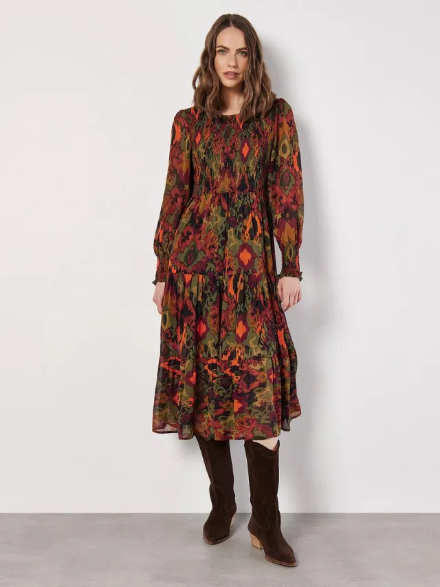 Apricot Ikat-chiffon midi-jurk met smockwerk Kaki